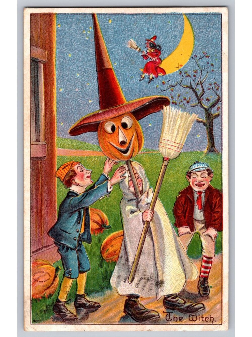 1908 Halloween Postcard The Witch Julius Bien 9801 Pumpkin Moon Witch Broom